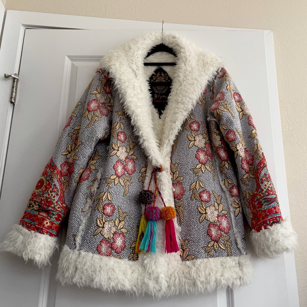 Kaya Floral Jacquard & Faux Fur Coat with Pompoms
